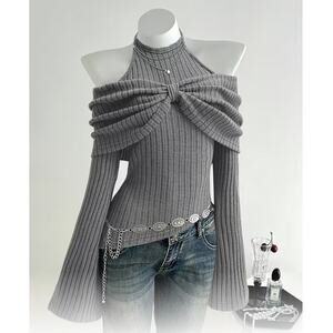 Women’s Grey Ribbed Knit Halter Off-Shoulder Sweater Top w/ Bow Detail – Size L
